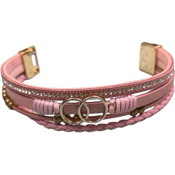 Designer Pink and Gold Interlocked Rings Braided Multi-strand Bracelet - Picture 3 of 7
